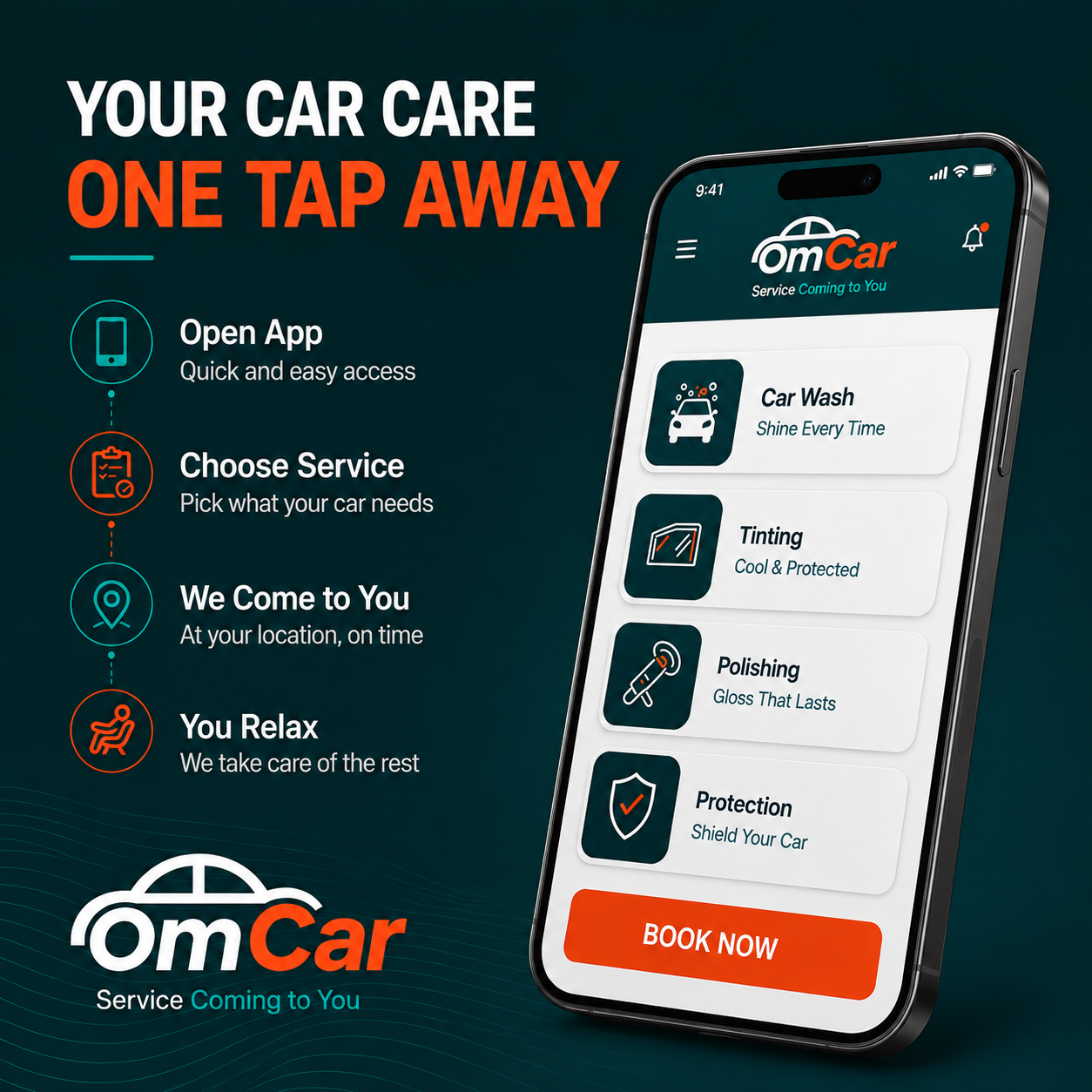 OmCar app — book car wash, tinting, polishing, and protection
